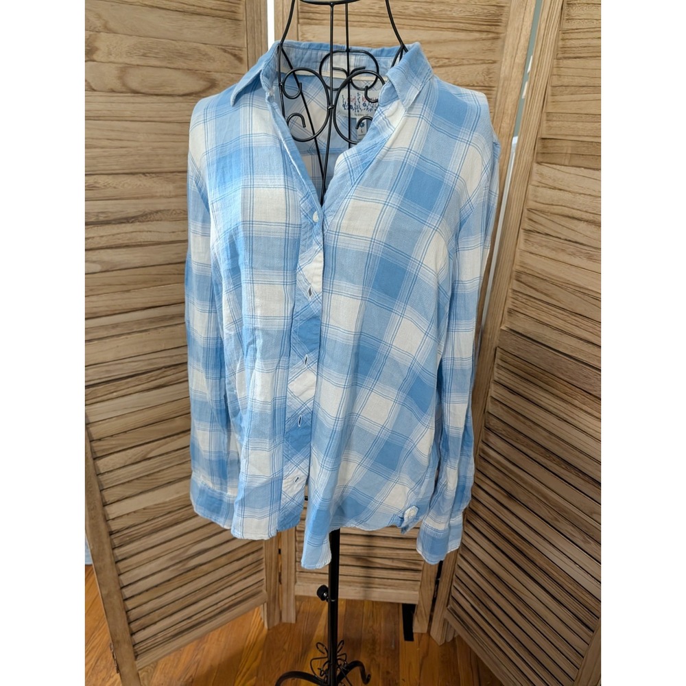 Girl Krazy Blue White Plaid Cotton Long Sleeve Button Down Shirt Top Blouse Sz L